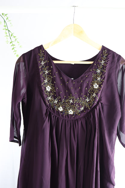 Dark Wine Georgette Aline Kurti with embroidery