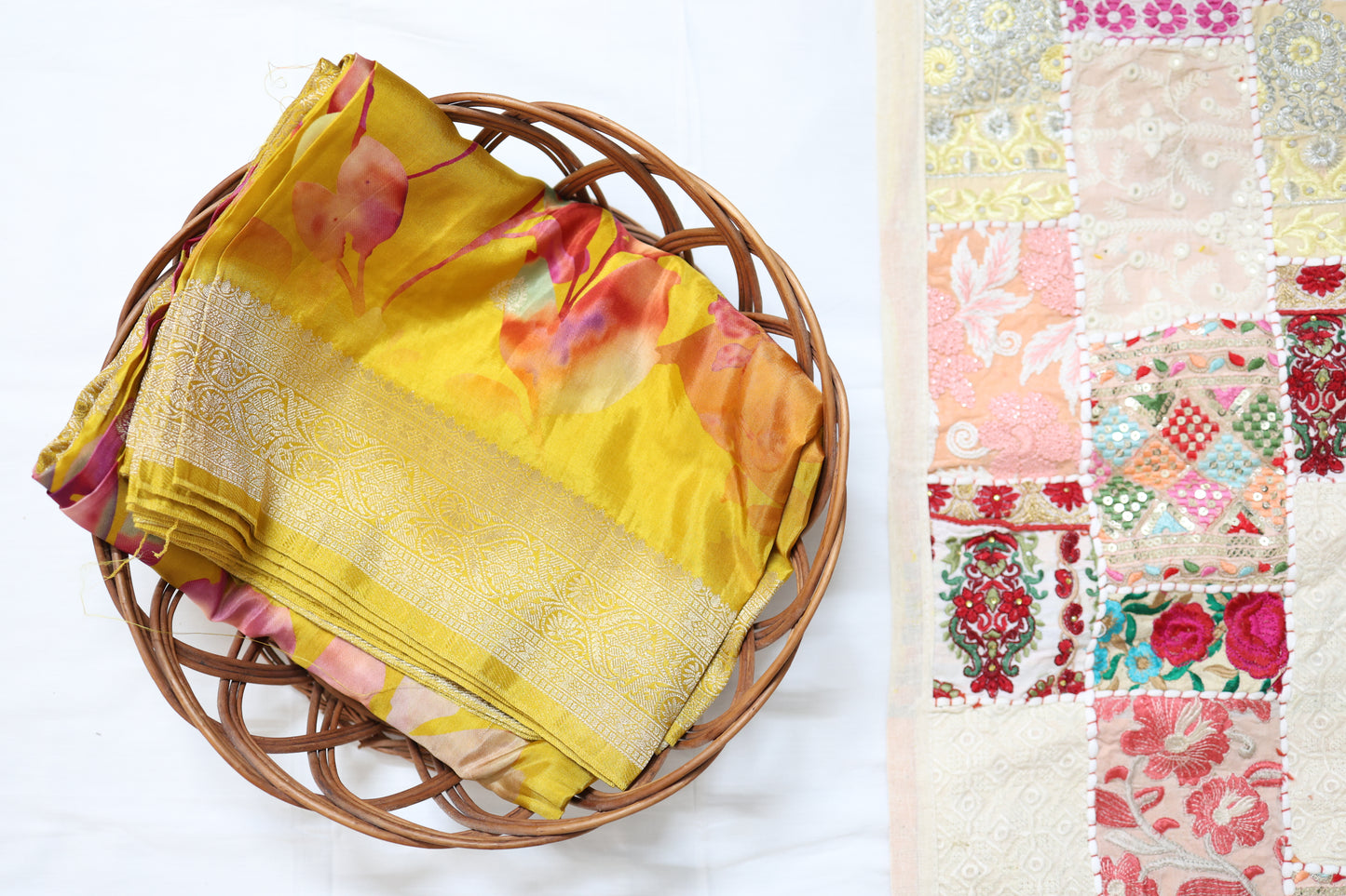 Mustard Yellow saree with digital print and zari order