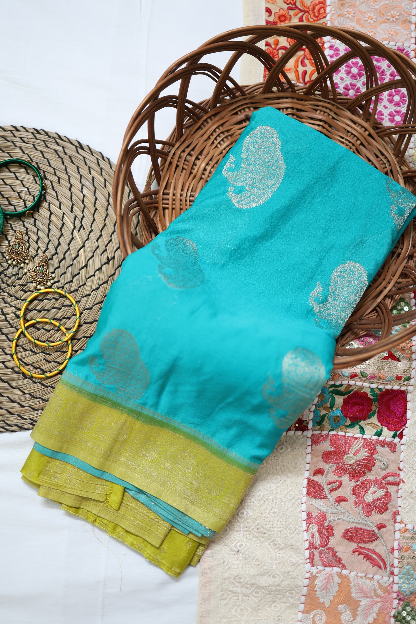 Banaras georgette silk with contrast border-Sea green & yellow