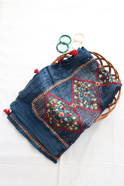 Teal blue crush organza saree with Kantha work