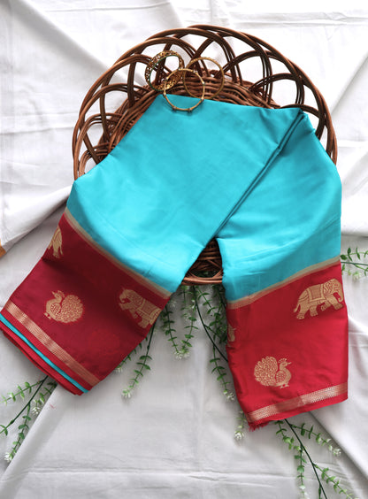 Semi Mysore crepee silk with contrast border-Blue & pink