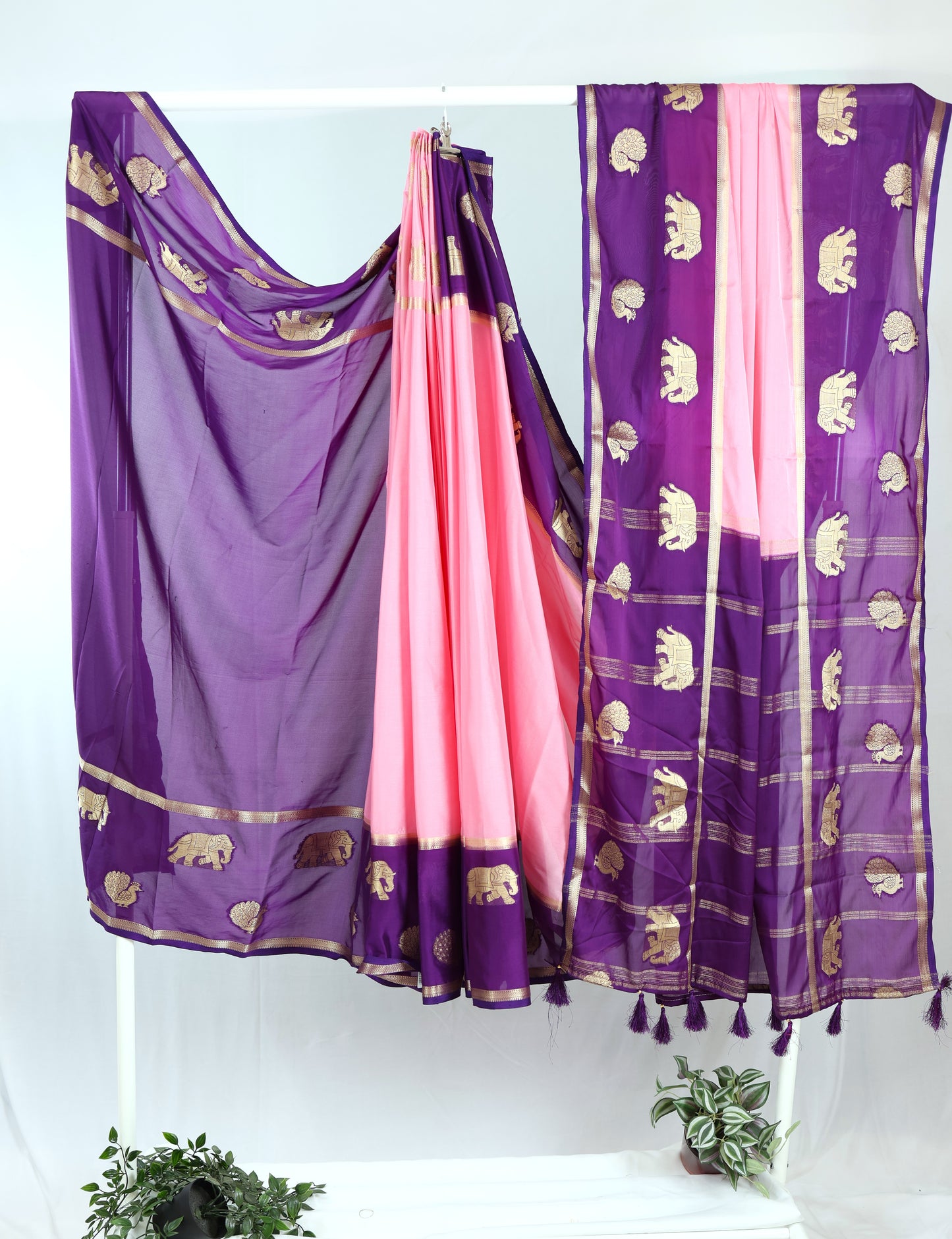 Semi Mysore crepe silk with contrast border-Pink & Purple
