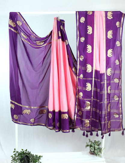 Semi Mysore crepe silk with contrast border-Pink & Purple