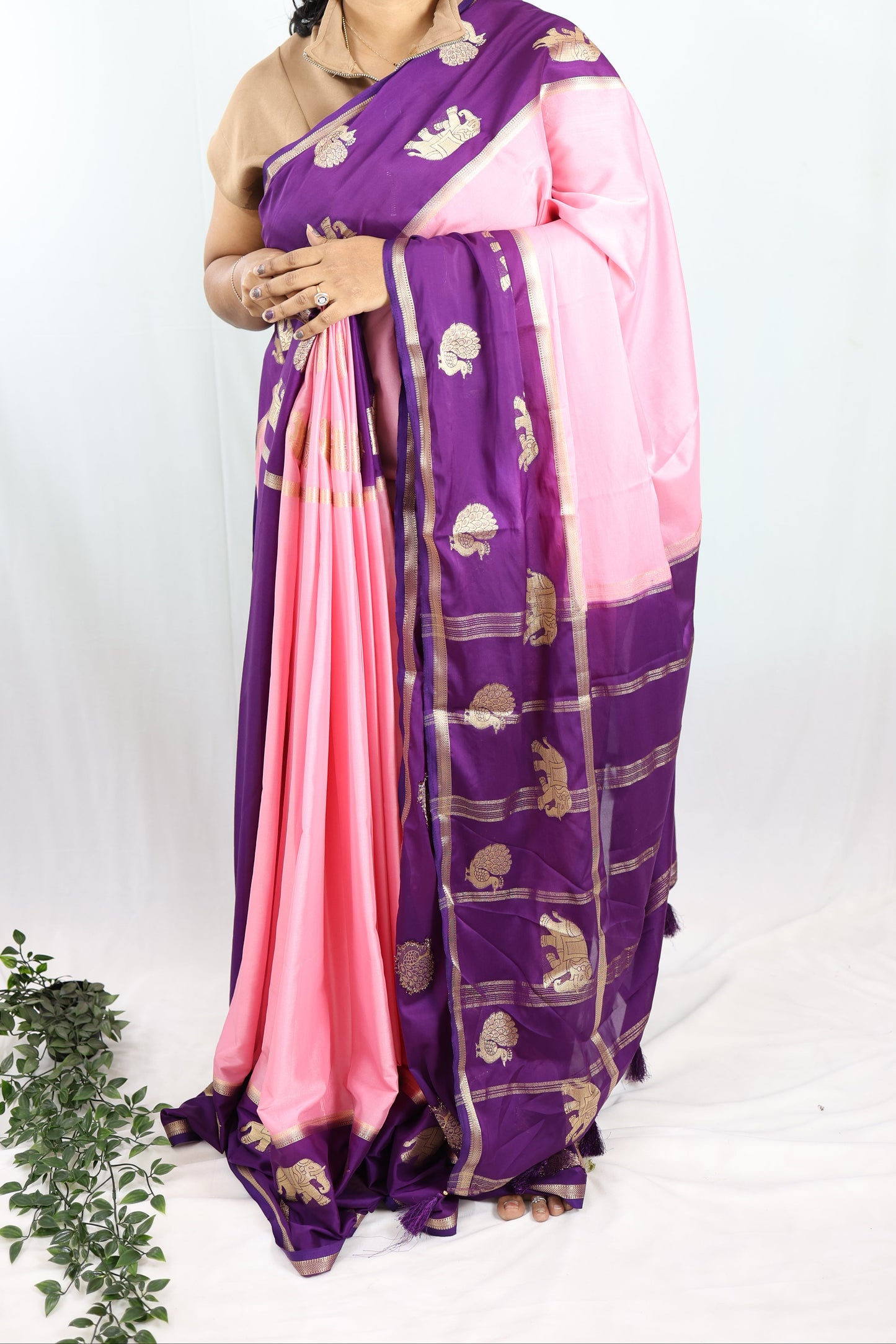 Semi Mysore crepe silk with contrast border-Pink & Purple