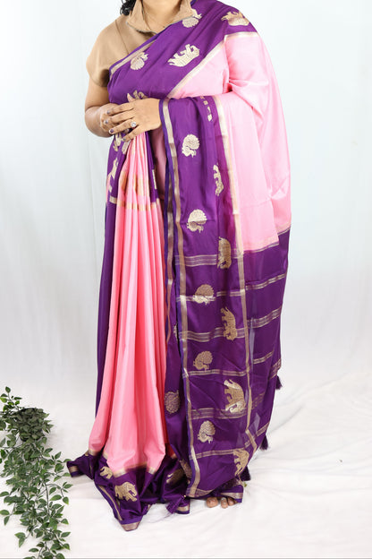 Semi Mysore crepe silk with contrast border-Pink & Purple