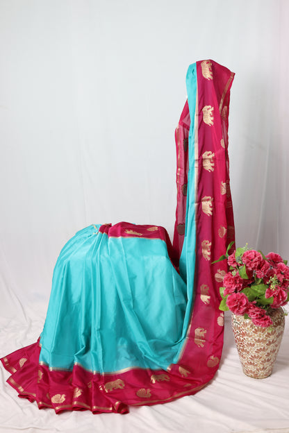 Semi Mysore crepee silk with contrast border-Blue & pink