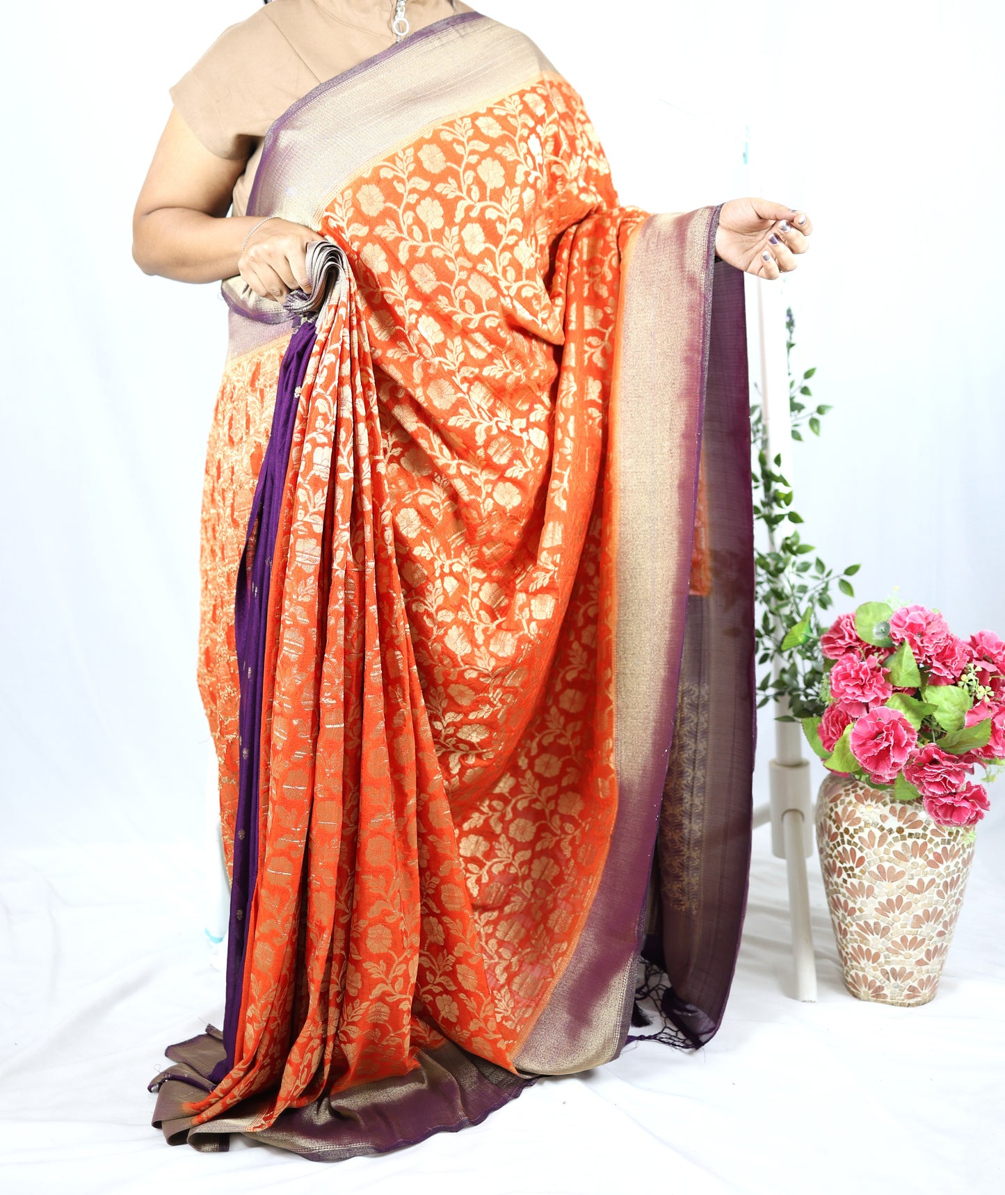 Orange & Purple Banarasi Georgette Saree