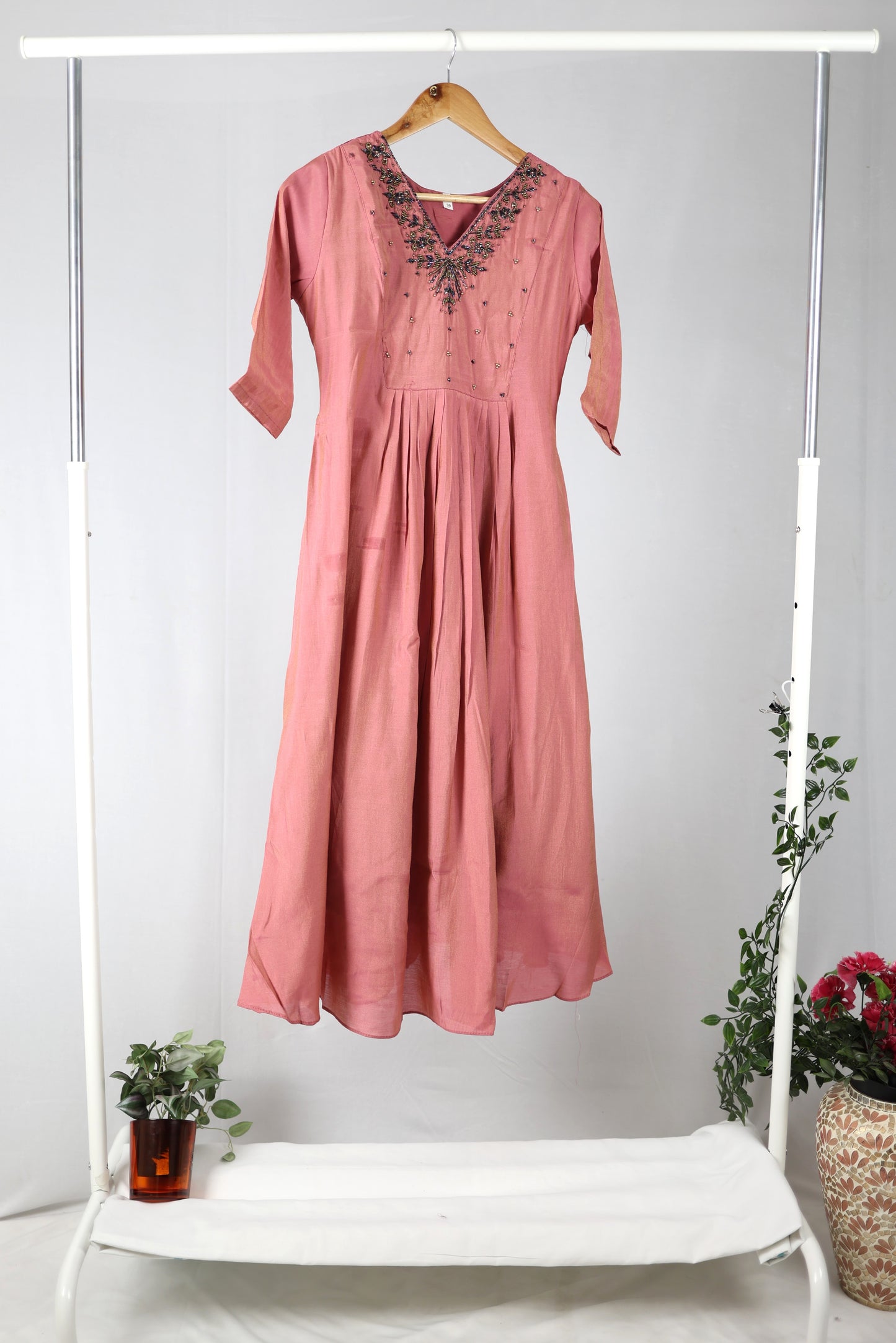 Onion Pink Mul Chanderi Kurti with Neckline Work