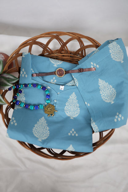 Light Blue Cotton Straight-Cut Printed Kurti Set