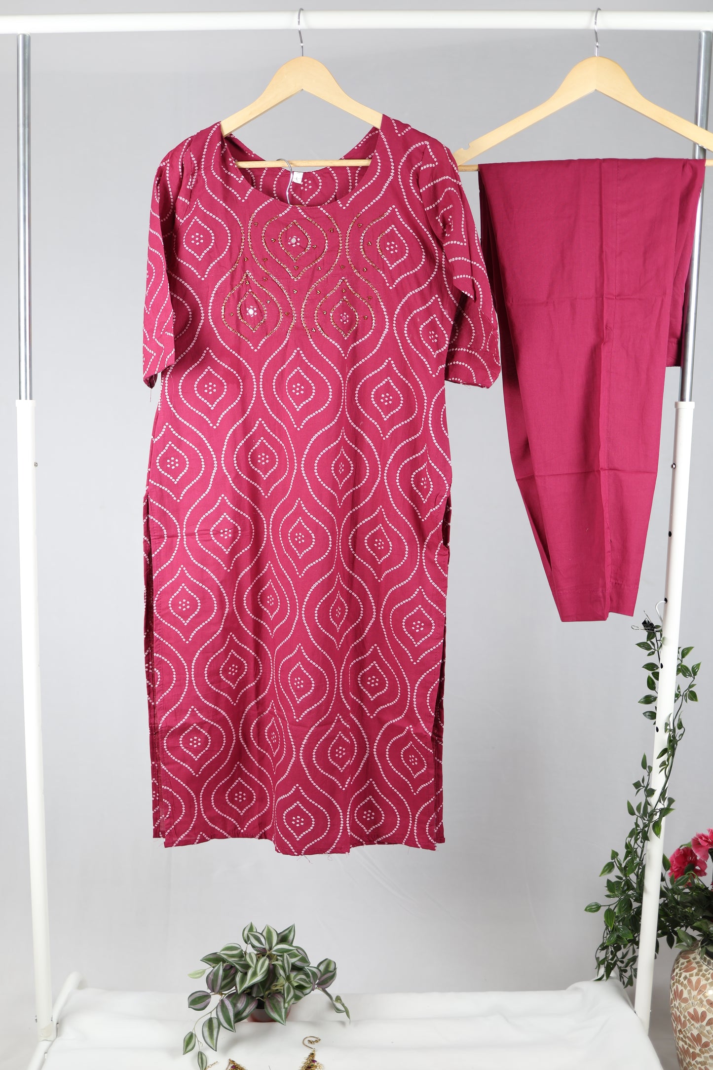 Pink Cotton Straight-Cut Kurti Set with Yoke Work