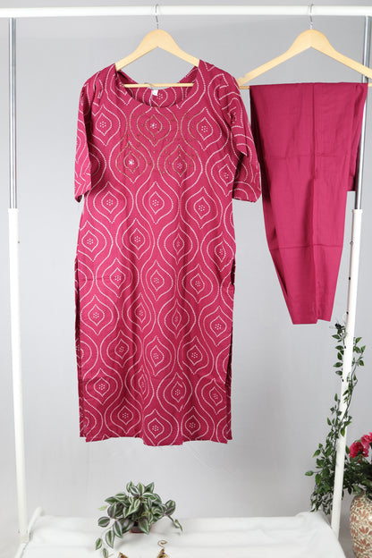 Pink Cotton Straight-Cut Kurti Set with Yoke Work