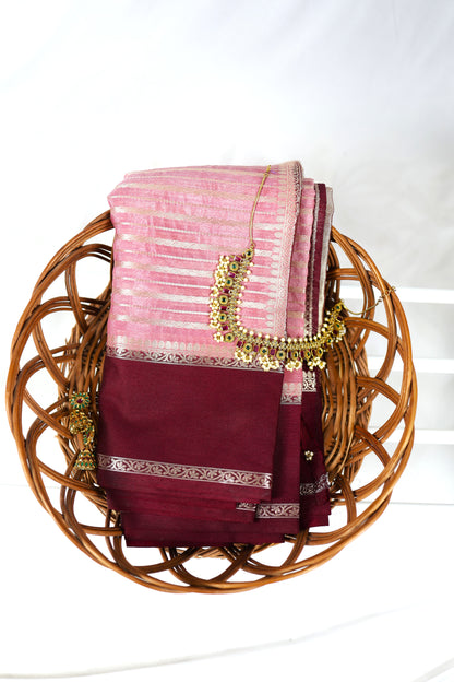 Soft Banarasi raw silk-pink/burgundy colour