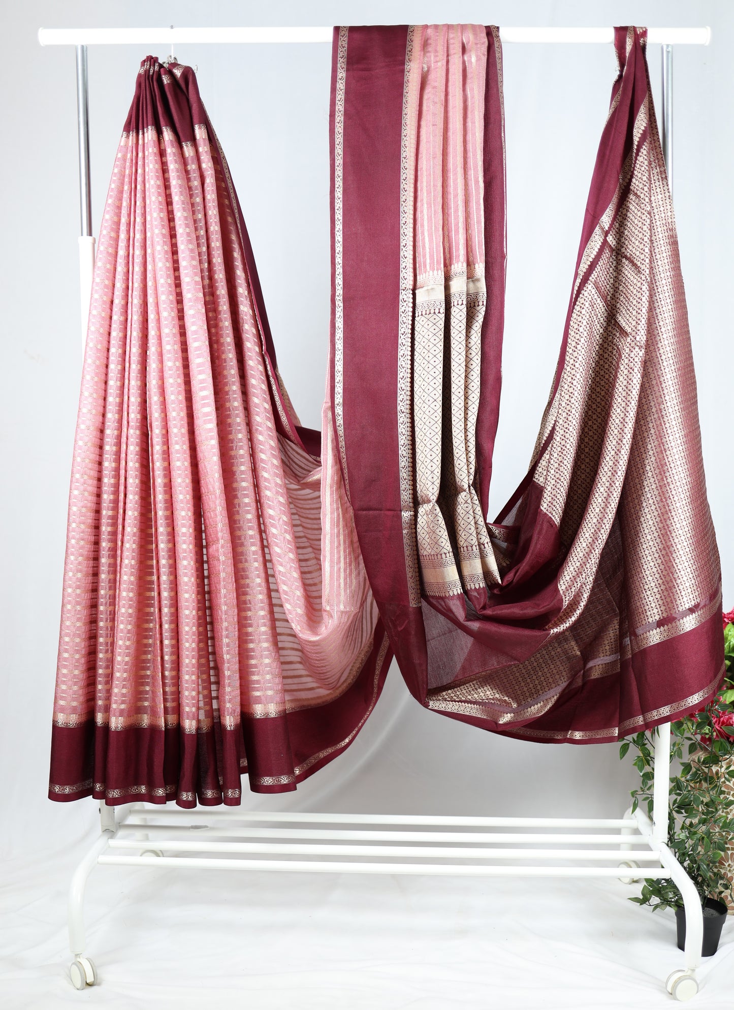 Soft Banarasi raw silk-pink/burgundy colour