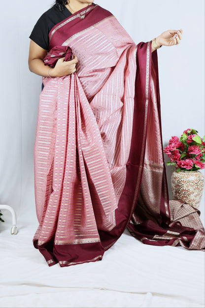 Soft Banarasi raw silk-pink/burgundy colour
