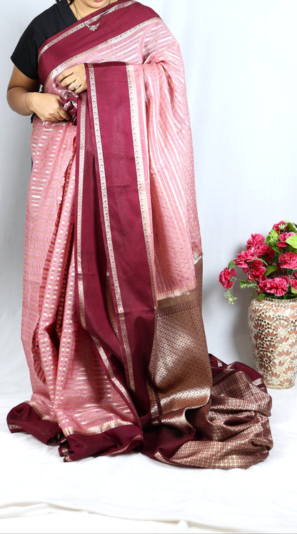 Soft Banarasi raw silk-pink/burgundy colour
