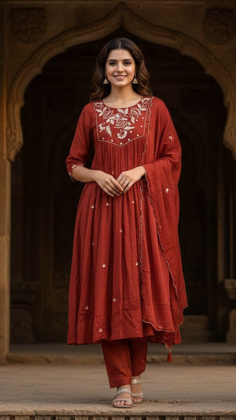 Rust Orange Mulchanderi Kurti Set