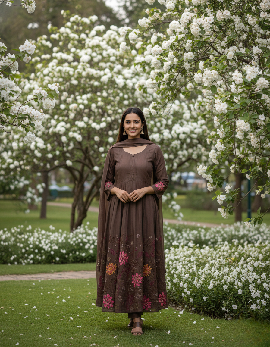 Light Brown Mul Cotton Kurti Set