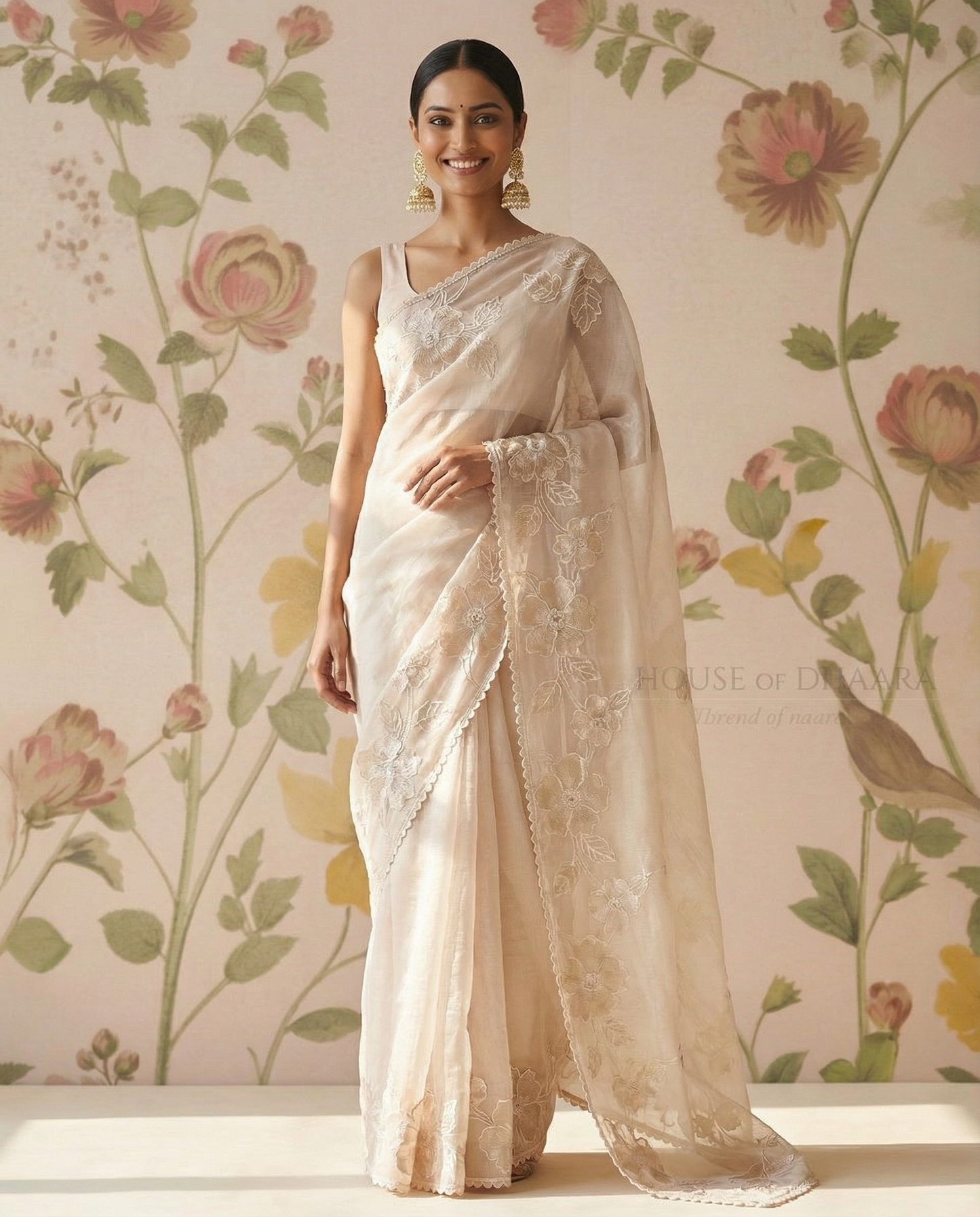 Beige Soft organza tissue saree with applique work