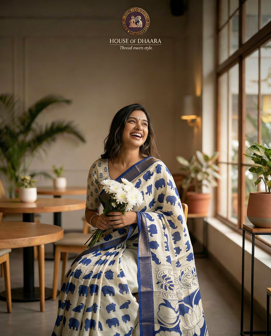 Beige & blue Chennuri silk baby elephants print saree