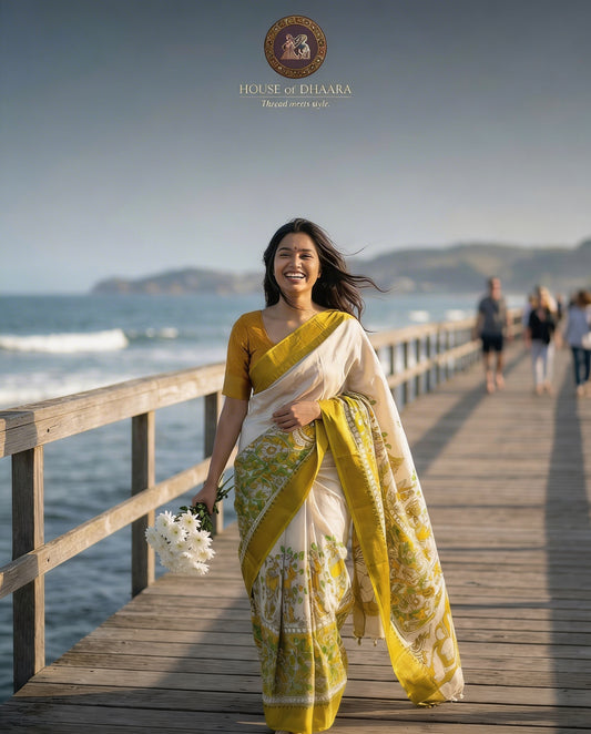 Beige & light green Chennuri silk Kalamkari Saree
