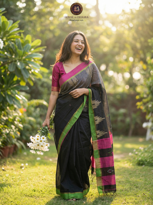 Jute cotton Jamdhani thread weaving Saree - Black