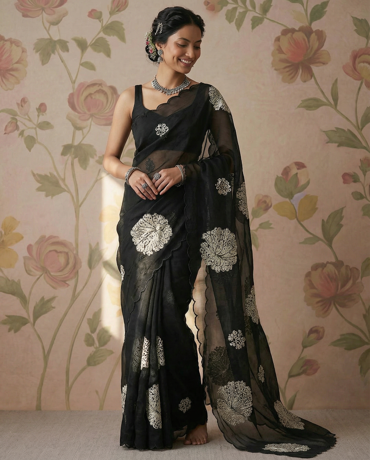 Black Soft organza tissue saree with applique work