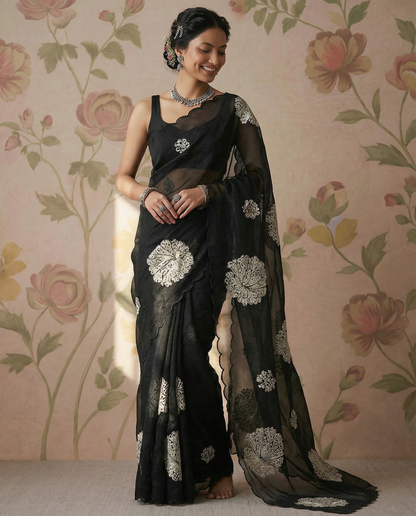 Black Soft organza tissue saree with applique work
