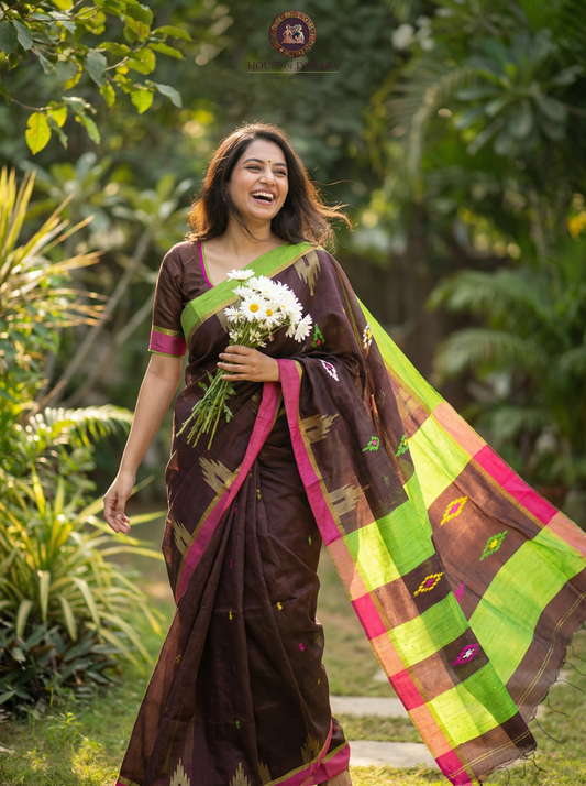 Jute cotton Jamdhani thread weaving Saree - Brown