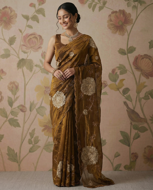 Copper Soft organza tissue saree with applique work