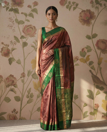 Copper Venkatagiri Pattu Saree With Green Border