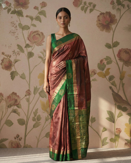 Copper Venkatagiri Pattu Saree With Green Border