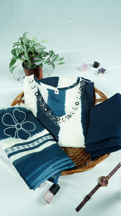 White and Blue Cotton Kurti Set