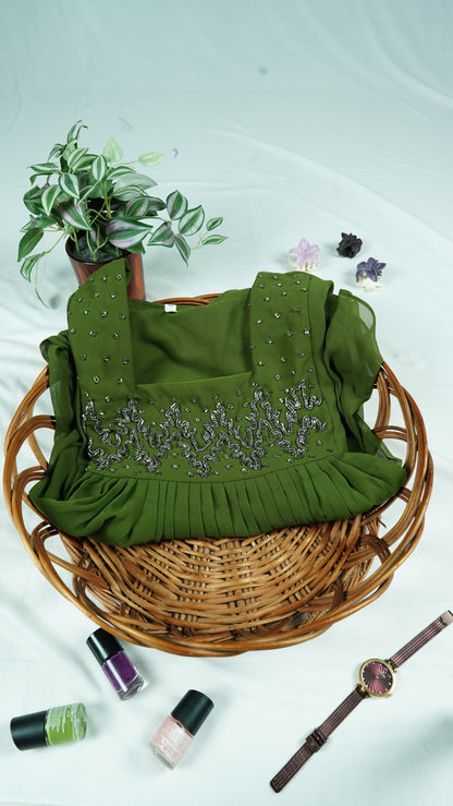Olive Green Georgette A-Line Kurti with Yoke Work