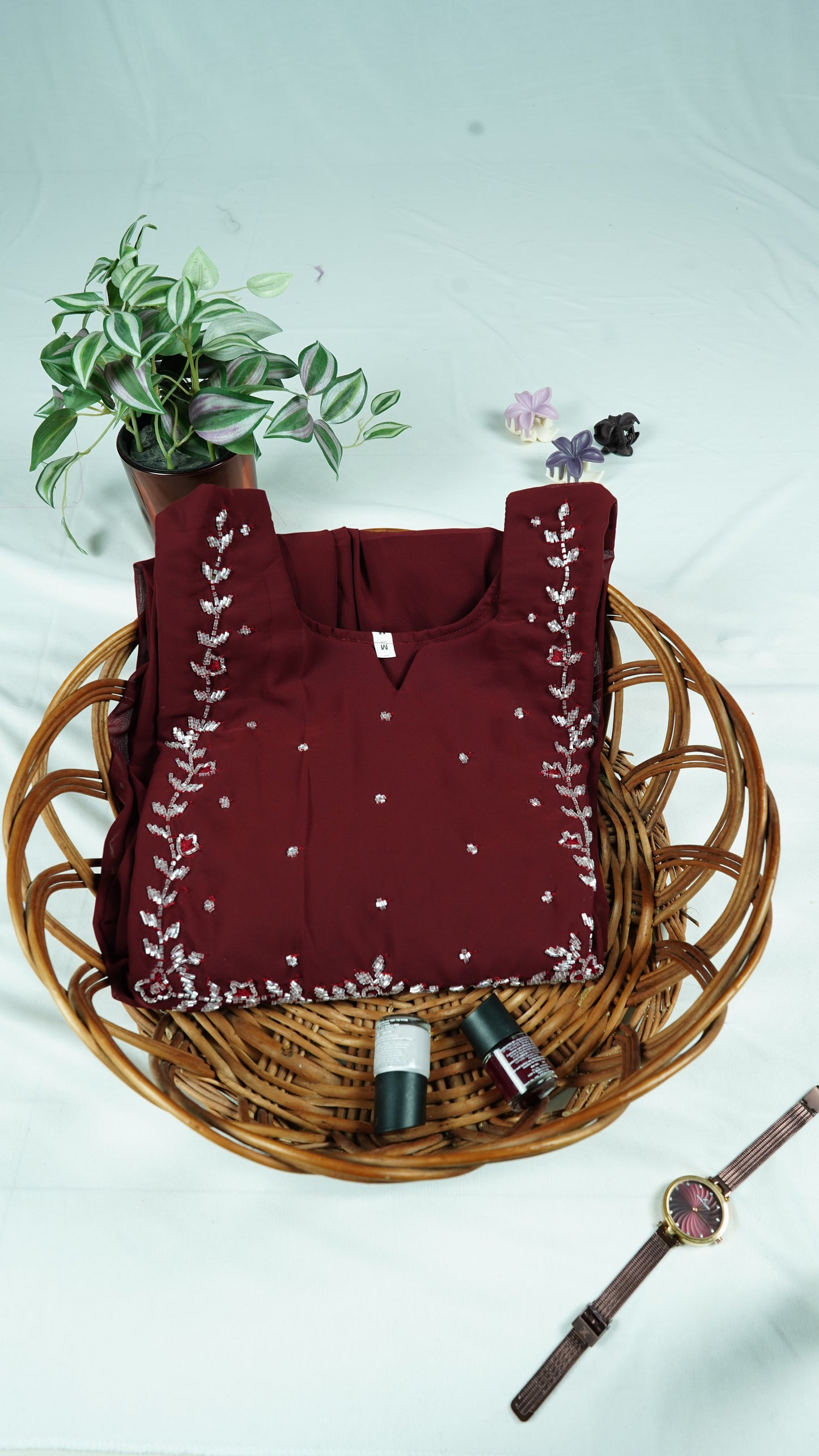 Maroon Georgette A-Line Kurti with Yoke Bead Work