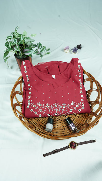 Pastel Pink Georgette Kurti with Yoke Mirror Work