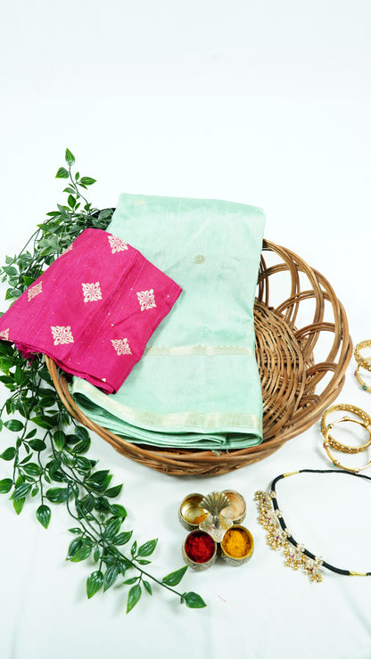 Pastel green viscose silk saree with pink blouse
