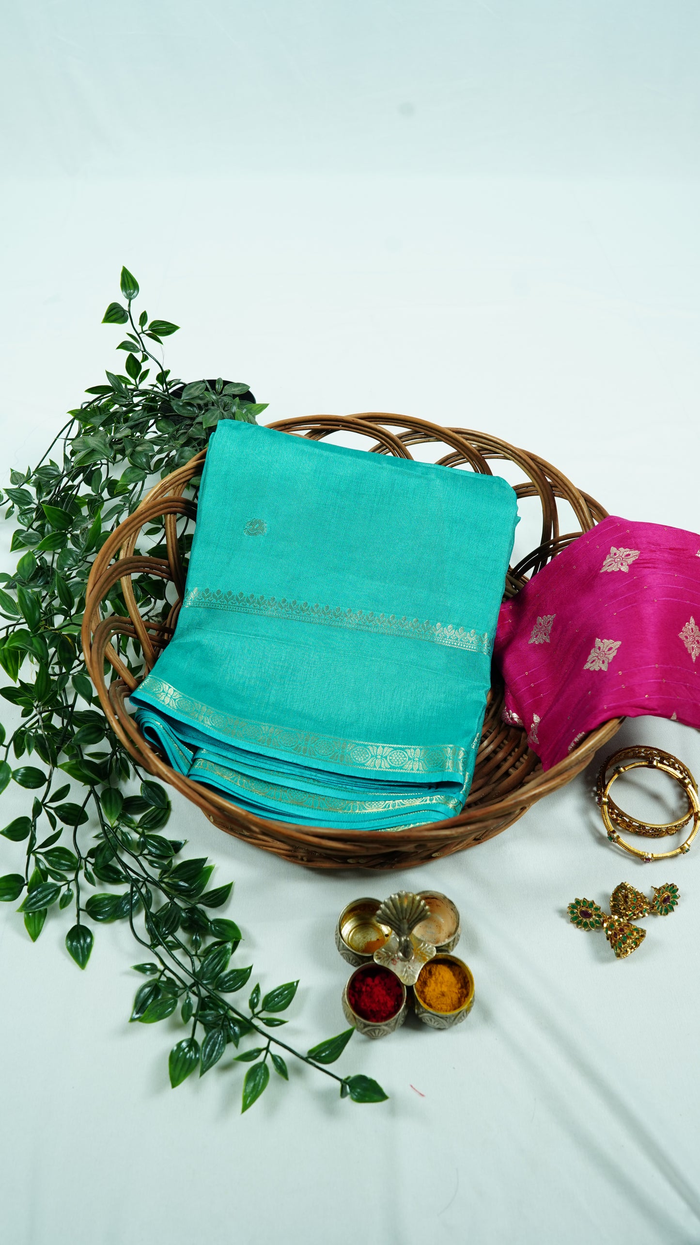 Sky blue Viscose silk saree with pink blouse