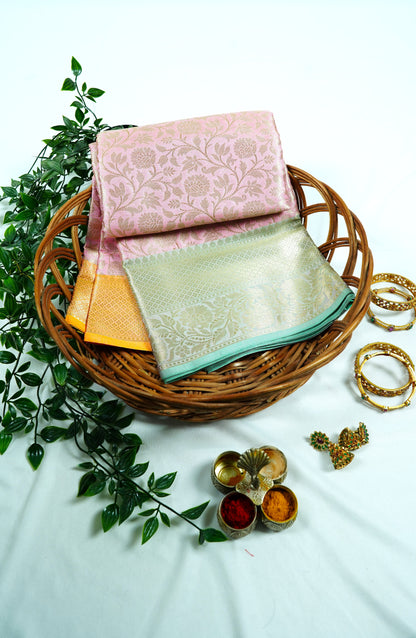 Soft silk Brocade Saree-Pink with yellow/green border