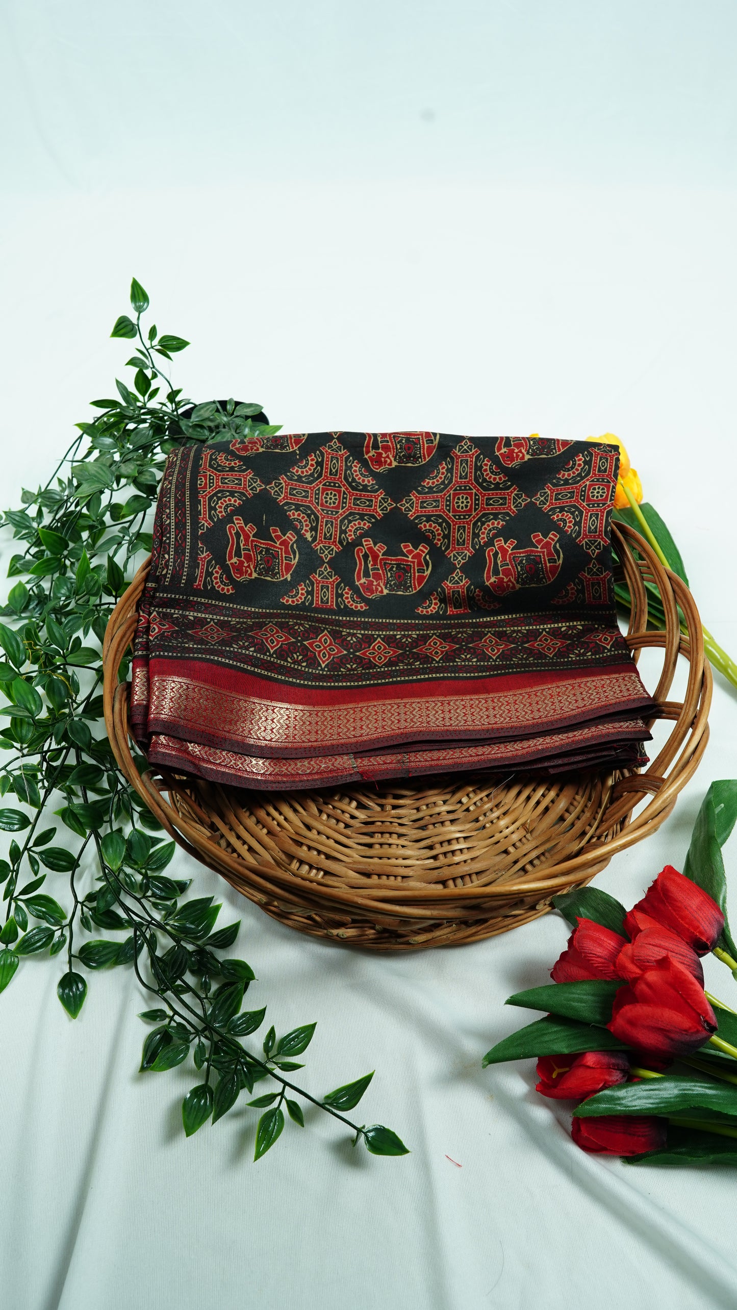 Black & Red Dola Silk (Printed Saree)