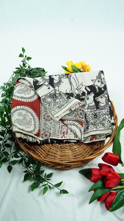 Black Cotton Kalamkari Sarees (Maroon Pallu)