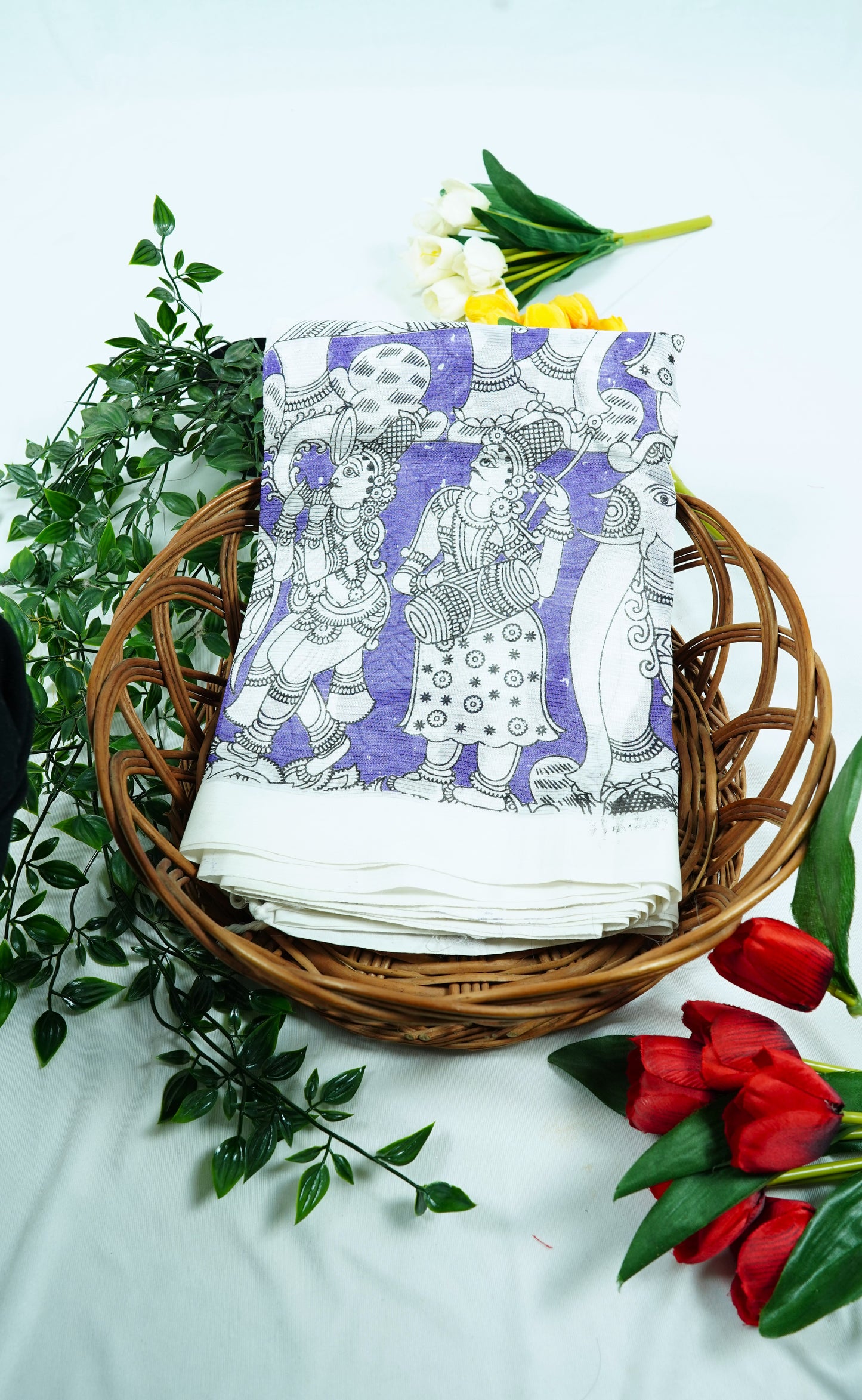 White & Purple Mangalagiri Kalamkari Print