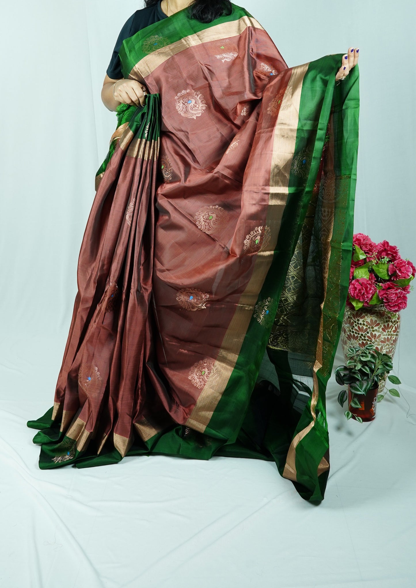 Copper Venkatagiri Pattu Saree With Green Border