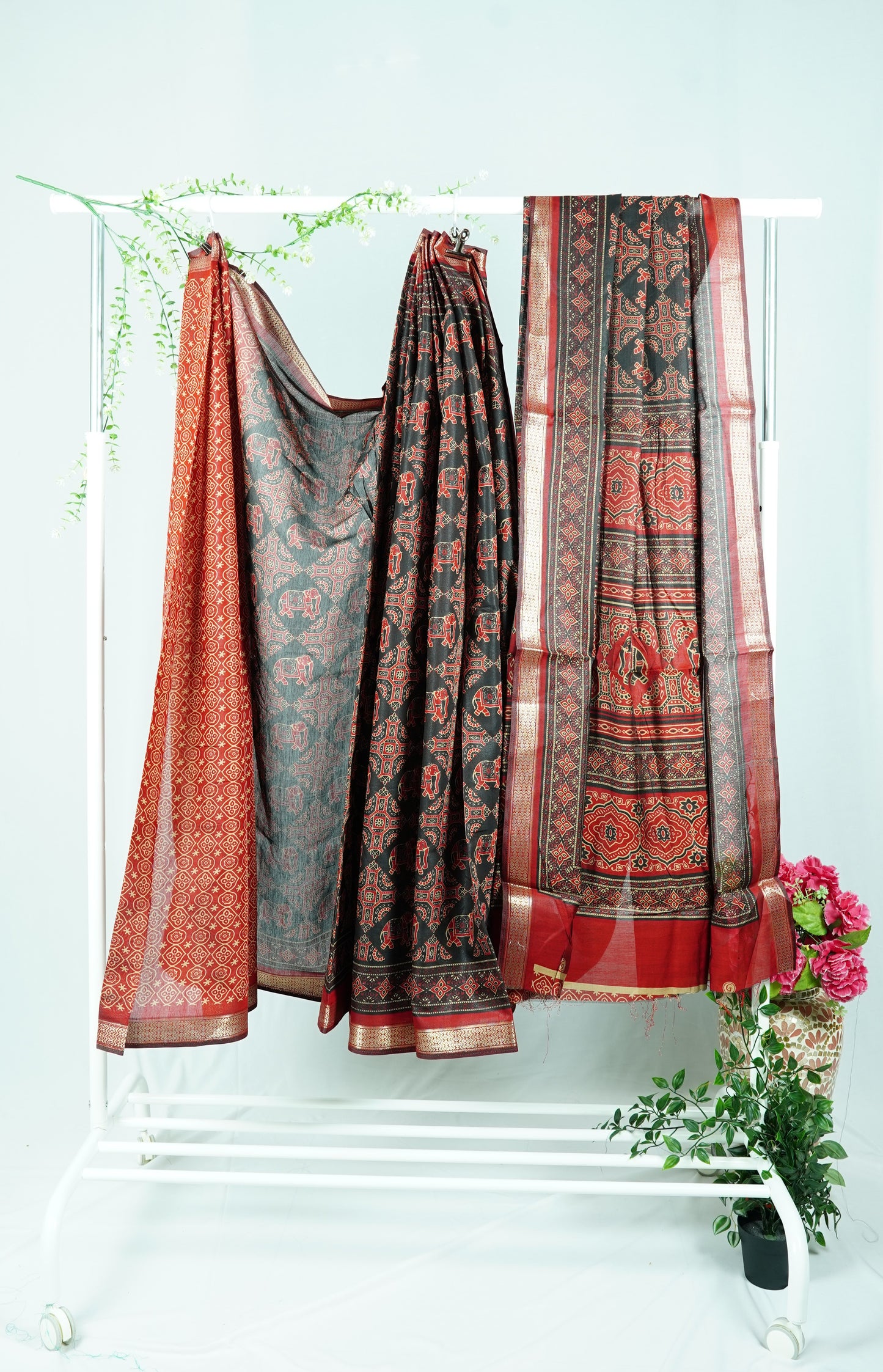 Black & Red Dola Silk (Printed Saree)