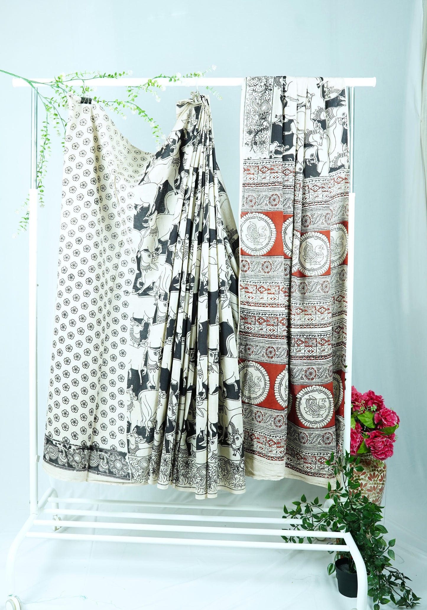 Black Cotton Kalamkari Sarees (Maroon Pallu)