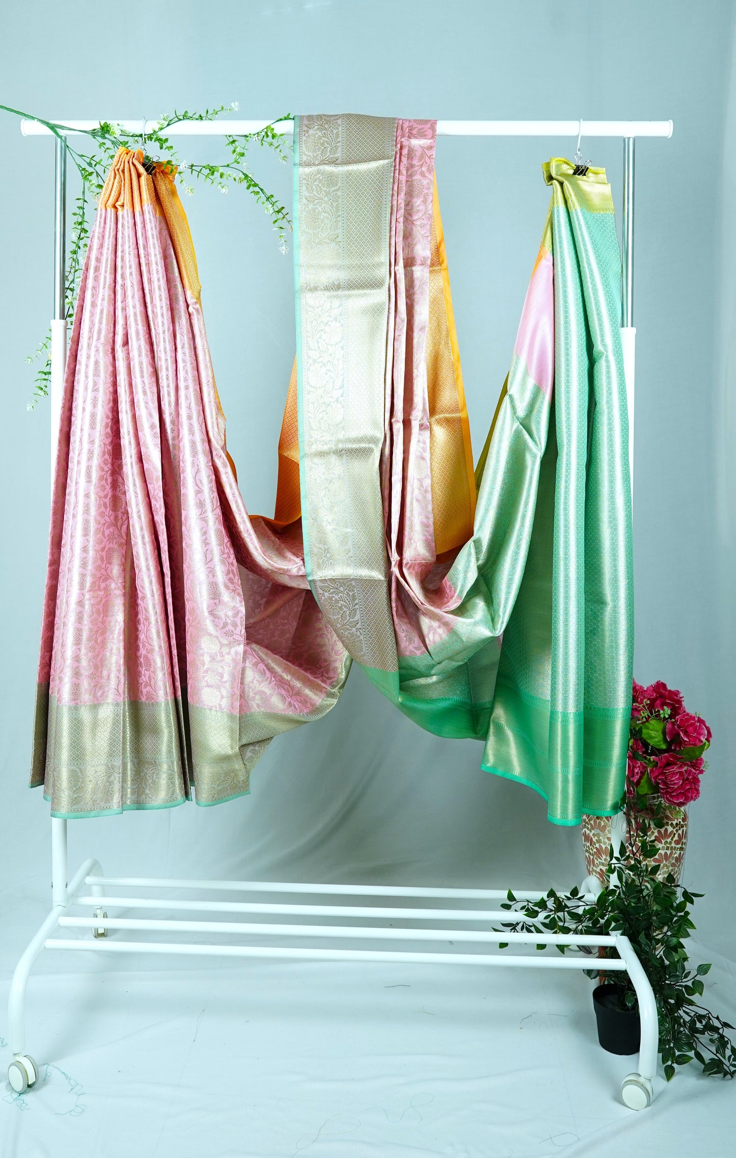 Soft silk Brocade Saree-Pink with yellow/green border