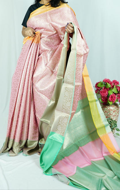 Soft silk Brocade Saree-Pink with yellow/green border