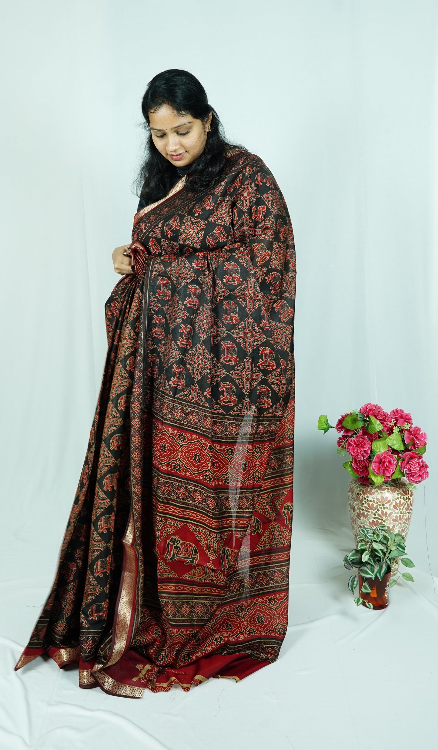 Black & Red Dola Silk (Printed Saree)