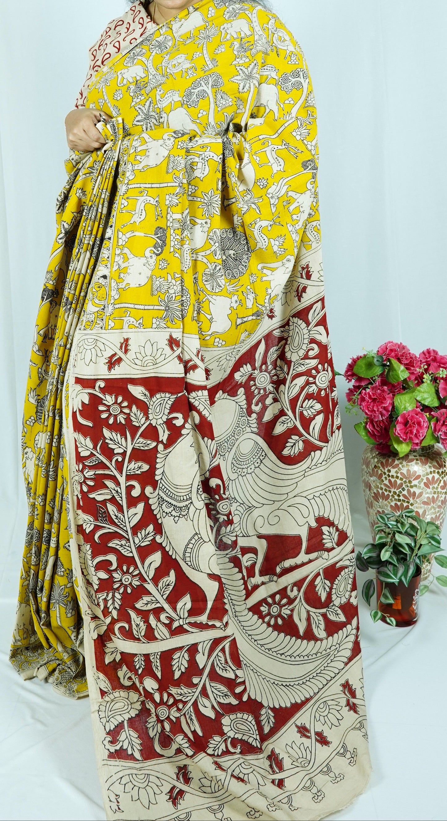 Yellow Cotton Kalamkari Sarees