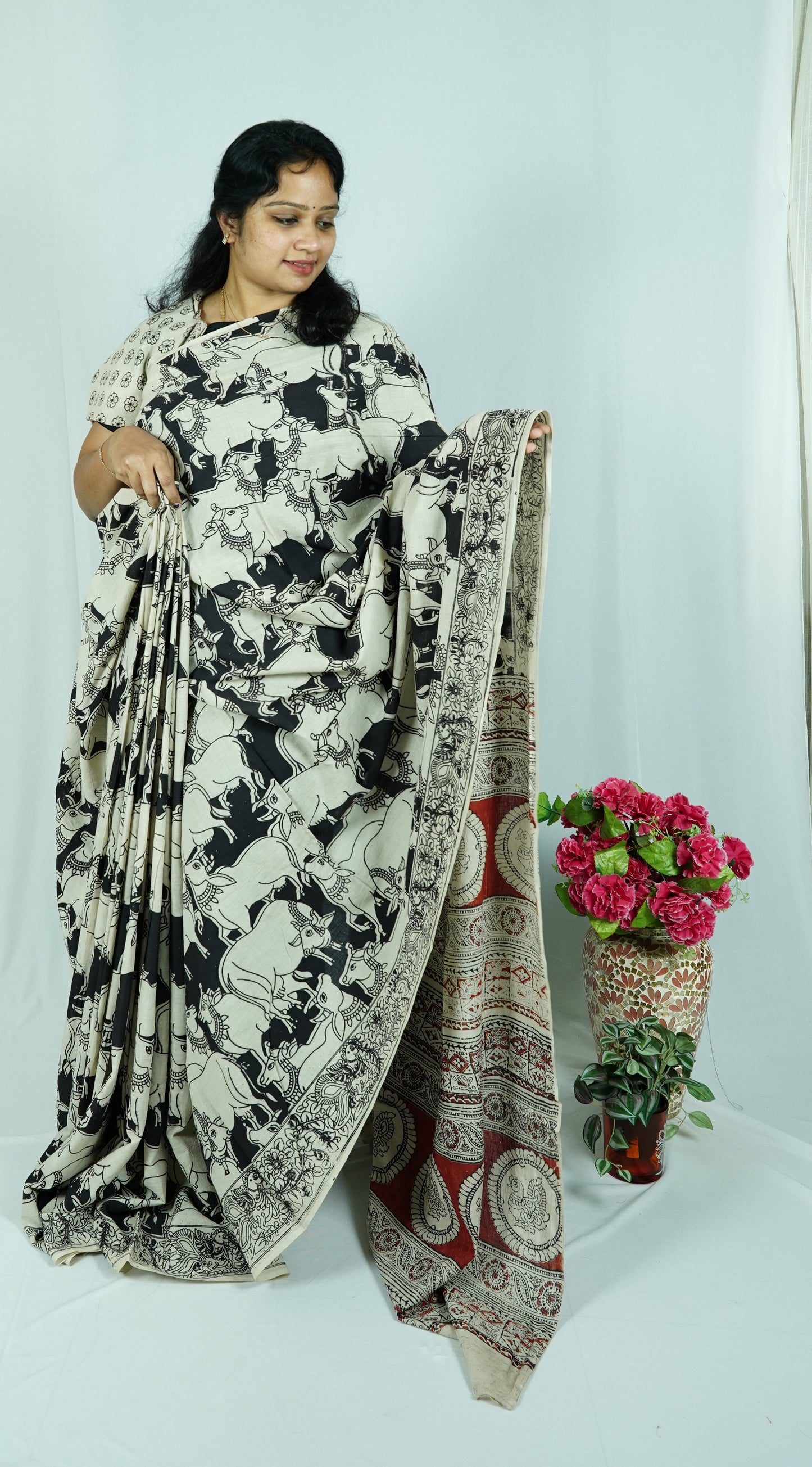 Black Cotton Kalamkari Sarees (Maroon Pallu)