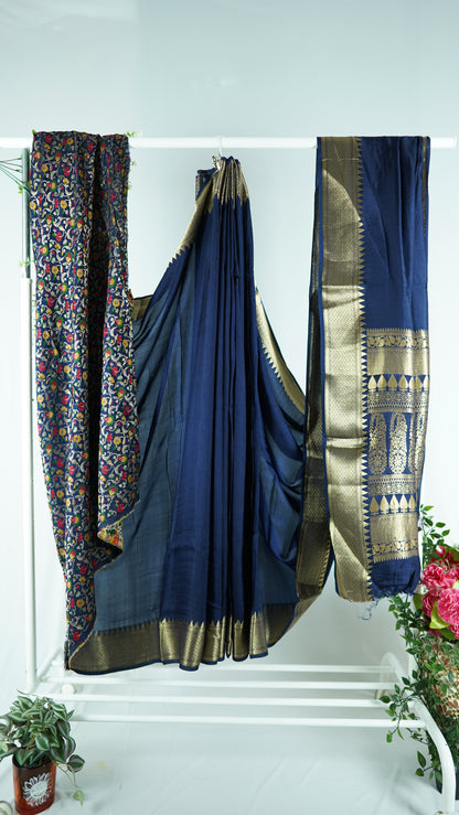 Viscose silk saree with Meenakari blouse-navy blue